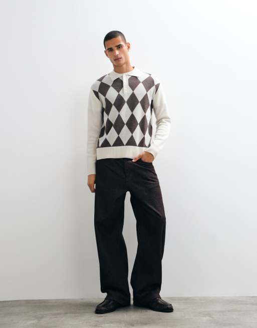 Selected 100% merino wool argyle polo in cream and brown, 3 of 9