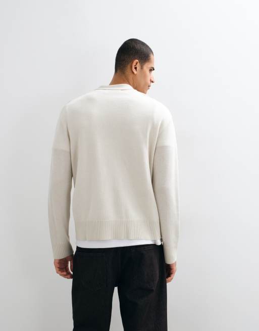 Selected 100% merino wool argyle polo in cream and brown, 5 of 9