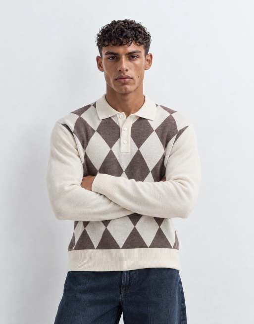 Selected 100% merino wool argyle polo in cream and brown, 6 of 9