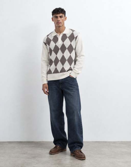 Selected 100% merino wool argyle polo in cream and brown, 7 of 9