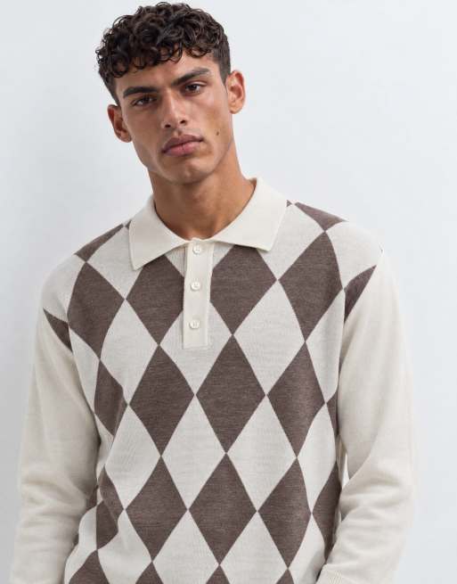 Selected 100% merino wool argyle polo in cream and brown, 8 of 9