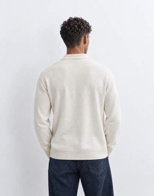 Selected 100% merino wool argyle polo in cream and brown, 9 of 9