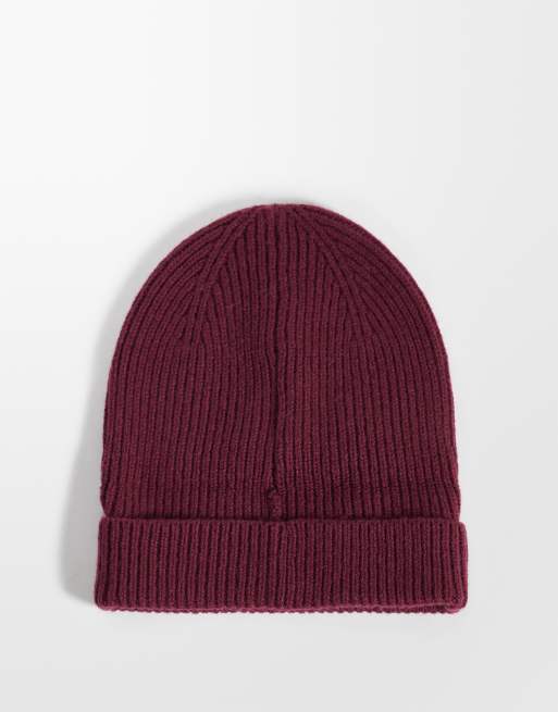 Selected 100% merino wool sailor beanie in burgundy, 3 of 3