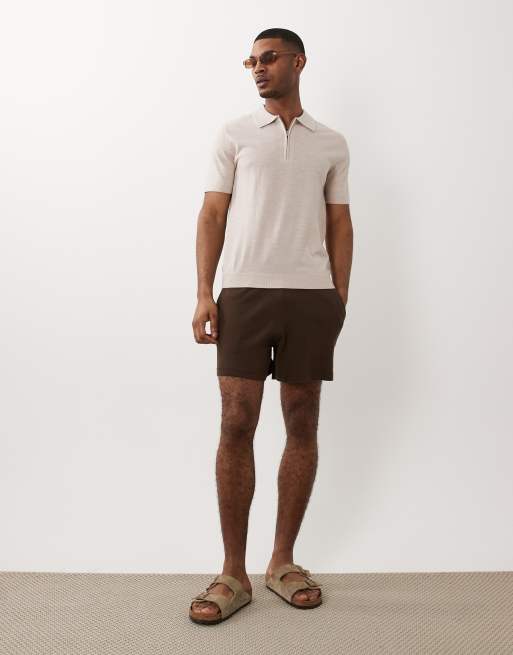 Selected 100% wool half zip knitted polo in beige , 3 of 5