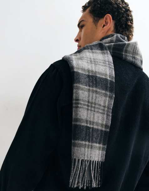 Selected 100% wool tassled scarf in gray check - view 1