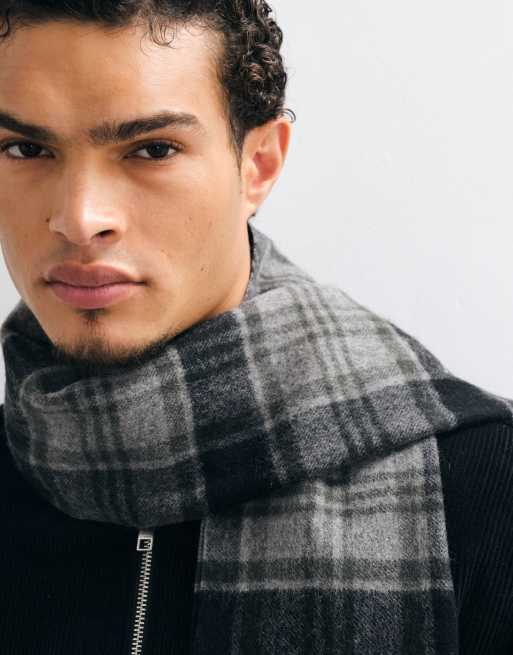 Selected 100% wool tassled scarf in gray check , 3 of 3