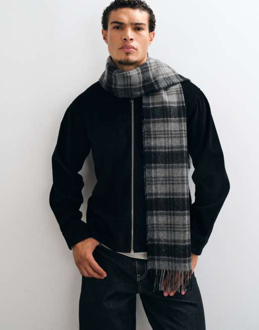 Selected 100% wool tassled scarf in grey check , 2 of 3
