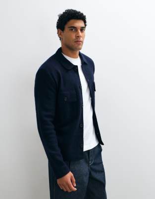 Selected 100% Wool Textured Shacket In Blue