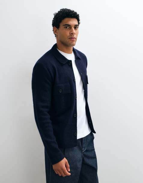 Selected 100% wool textured shacket in navy - view 1