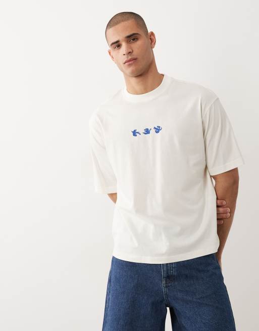 Selected - Afslappet cremehvid T-shirt med traneprint på ryggen, 3 af 5