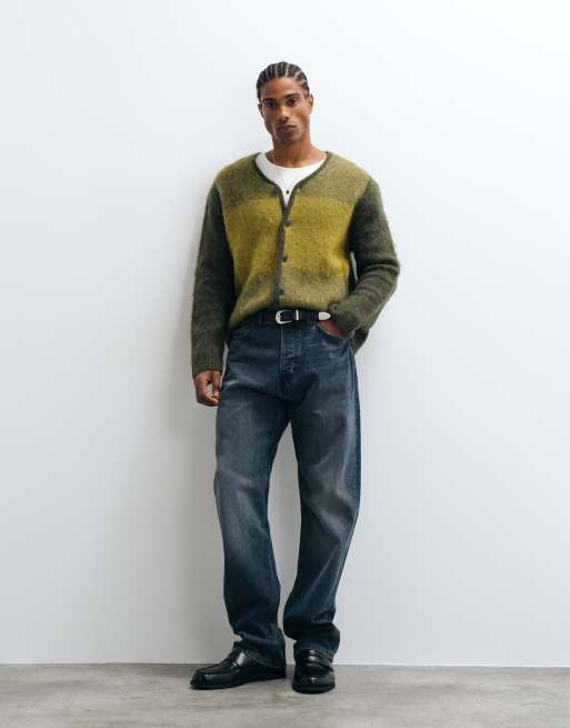 Selected alpaca-sheep's wool blend block cardigan in green, 3 of 5