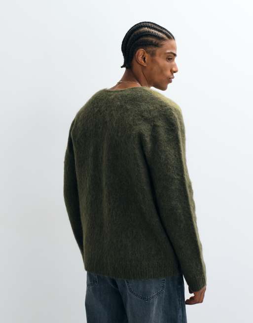Selected alpaca-sheep's wool blend block cardigan in green, 4 of 5