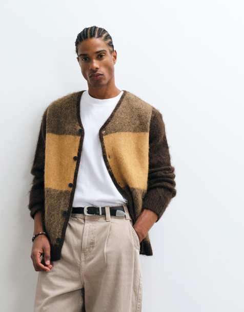 Selected alpaca wool blend block cardigan in brown - view 1