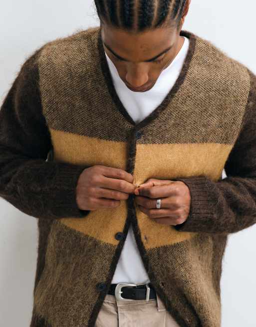 Selected alpaca wool blend block cardigan in brown, 2 of 5