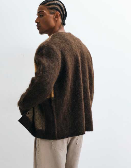 Selected alpaca wool blend block cardigan in brown, 4 of 5