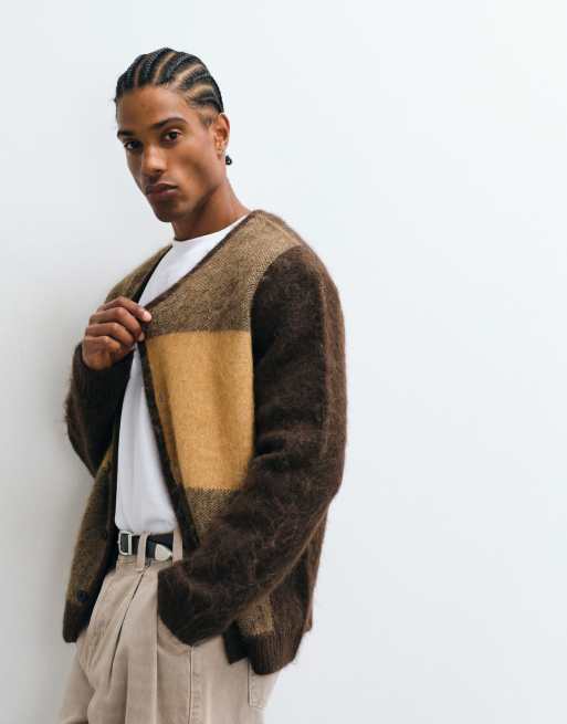 Selected alpaca wool blend block cardigan in brown, 5 of 5