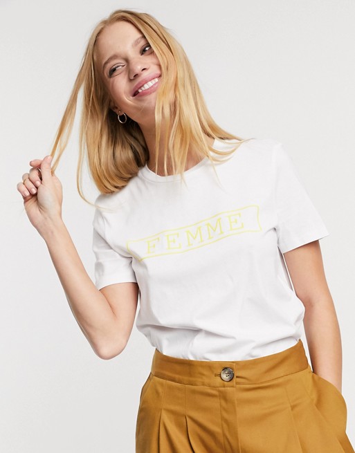 Selected ann short sleeve 'femme' slogan t-shirt in white