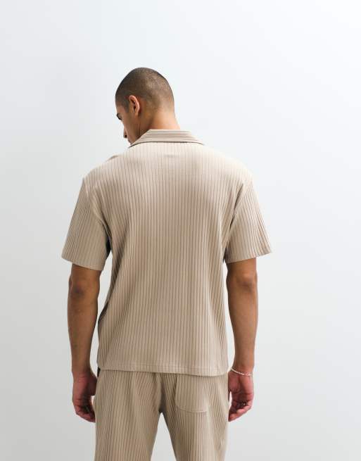 Selected - Beige kortærmet skjorte i ribstrik - Del af sæt   , 3 af 5