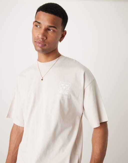 Selected – Beżowy T-shirt oversize z botanicznym nadrukiem na plecach , 2 z 4
