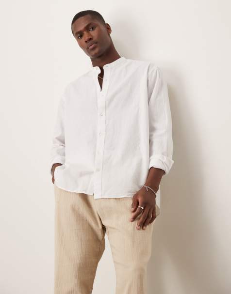 Selected long sleeve grandad collar linen blend shirt in white 
