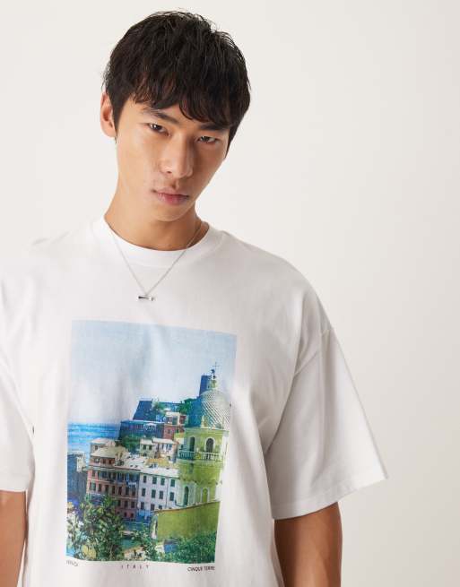 Selected – Biały T-shirt oversize z krajobrazowym nadrukiem z przodu , 2 z 4