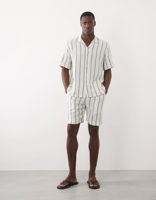 Selected – Blårandiga, strukturerade shorts i 100% bomull, del av set, 4 av 5
