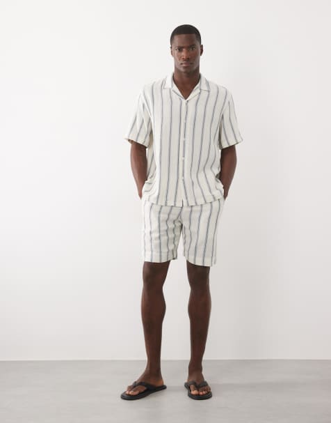 Selected – Blårandigt, texturerat set i 100% bomull med skjorta och shorts - view 1