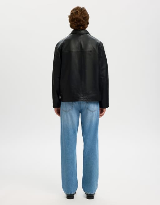 Selected - Blazer en cuir véritable à fermeture éclair - Noir, 2 de 5