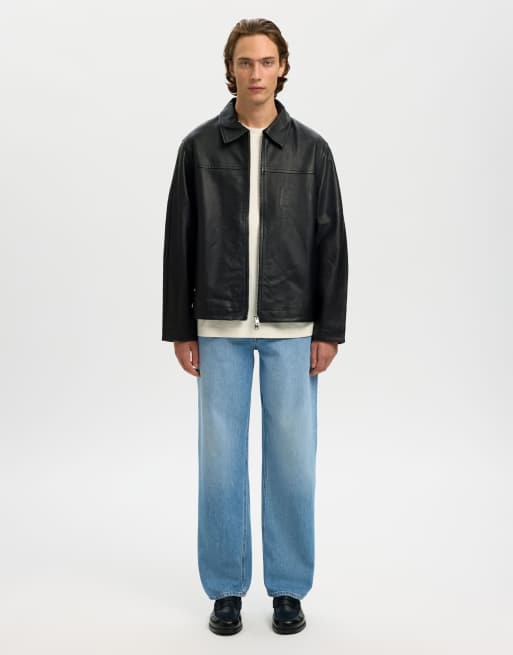 Selected - Blazer en cuir véritable à fermeture éclair - Noir, 3 de 5