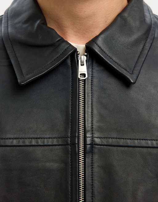 Selected - Blazer en cuir véritable à fermeture éclair - Noir, 4 de 5