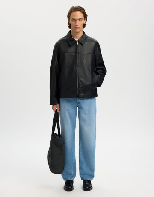 Selected - Blazer en cuir véritable à fermeture éclair - Noir, 5 de 5