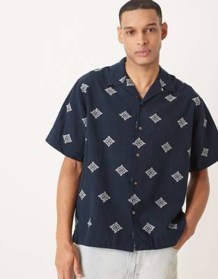 Selected Selected boxy fit revere collar shirt with embroidery in navy