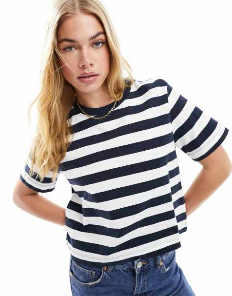 Selected boxy fit t-shirt in navy stripe - view 1