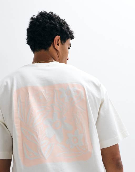 Selected boxy fit t-shirt with pink abstract flower backprint in cream, 4 of 5