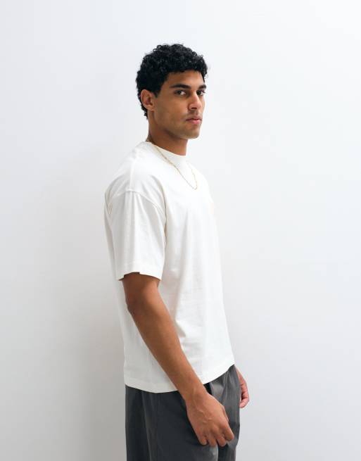 Selected boxy fit t-shirt with pink abstract flower backprint in cream, 5 of 5
