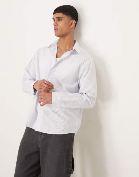 Selected boxy oversized shirt in cream gray stripe - view 1