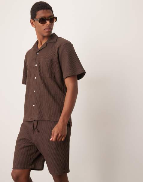 Selected co-ord revere collar waffle shirt in brown 