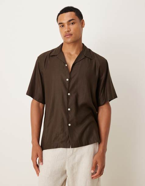 Selected revere collar shirt in brown 