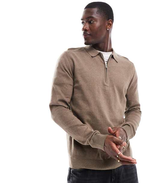 Selected 100% cotton long sleeve half zip polo in brown