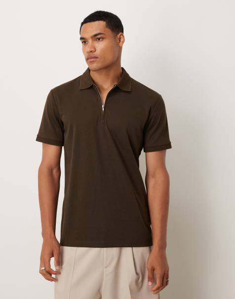 Selected half zip polo shirt in brown 