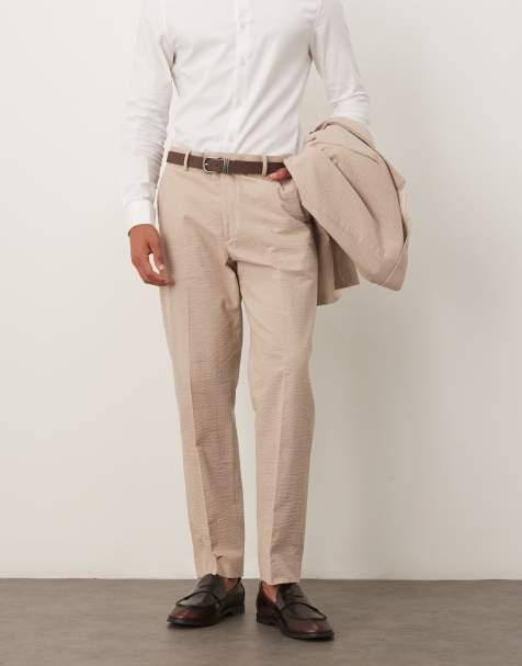 Selected - Broek van seersucker met normale pasvorm in beige, deel van co-ord set - view 1