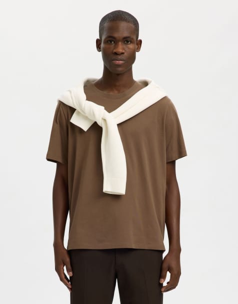 Selected - Brun T-shirt i 100% bomuld i Regular Fit - view 1