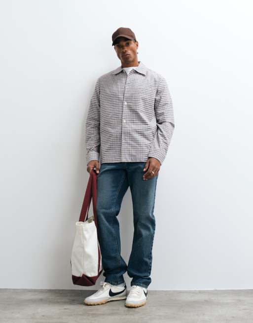 Selected brushed cotton oxford shirt in cream and blue check, 4 of 5