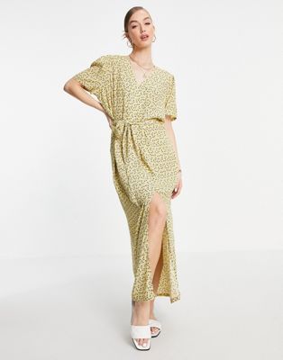 Selected button down tie waist dress in yellow