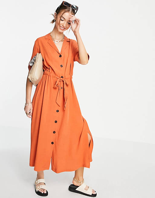 Selected Cally button down midi dress in orange