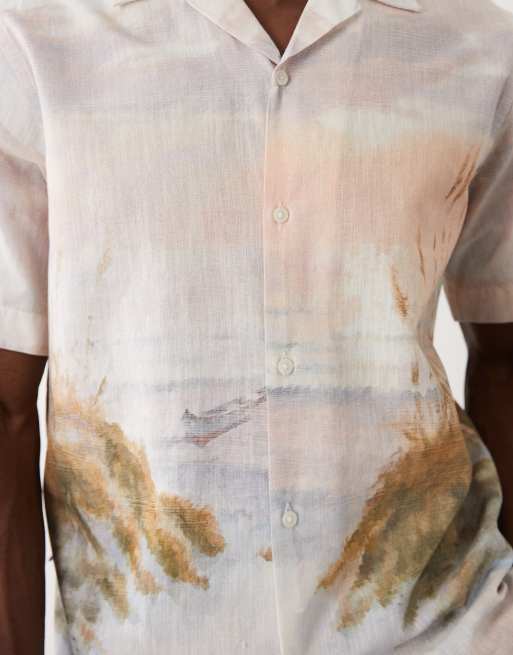 Selected - Camicia a maniche corte color crema con stampa tramonto, 3 di 5