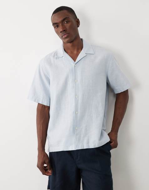 Selected - Camicia a maniche corte in misto lino azzurra - view 1