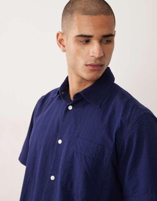 Selected - Camicia a maniche corte in seersucker blu navy in coordinato, 4 di 5