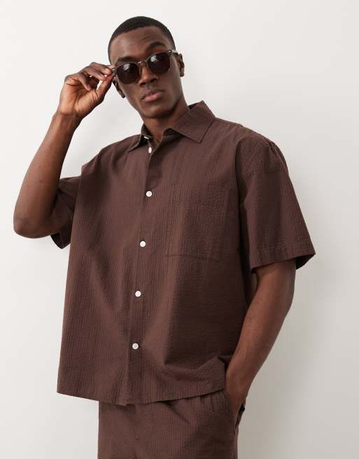 Selected - Camicia a maniche corte in seersucker marrone in coordinato