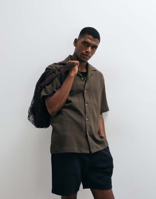 Selected - Camicia a maniche corte marrone a nido d'ape, 5 di 5